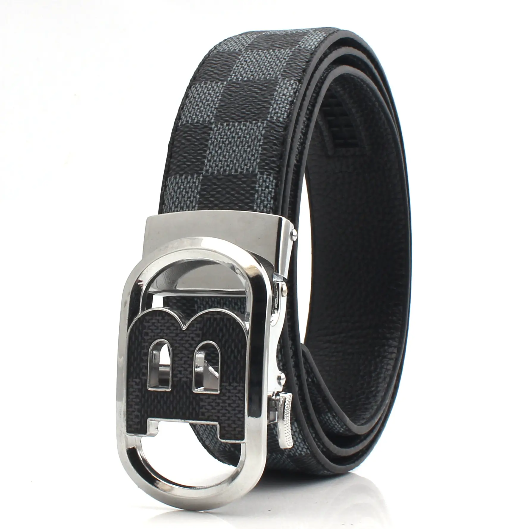 Hongsheng Men's Checkered Leather Belt with Gold Buckle - Image 2