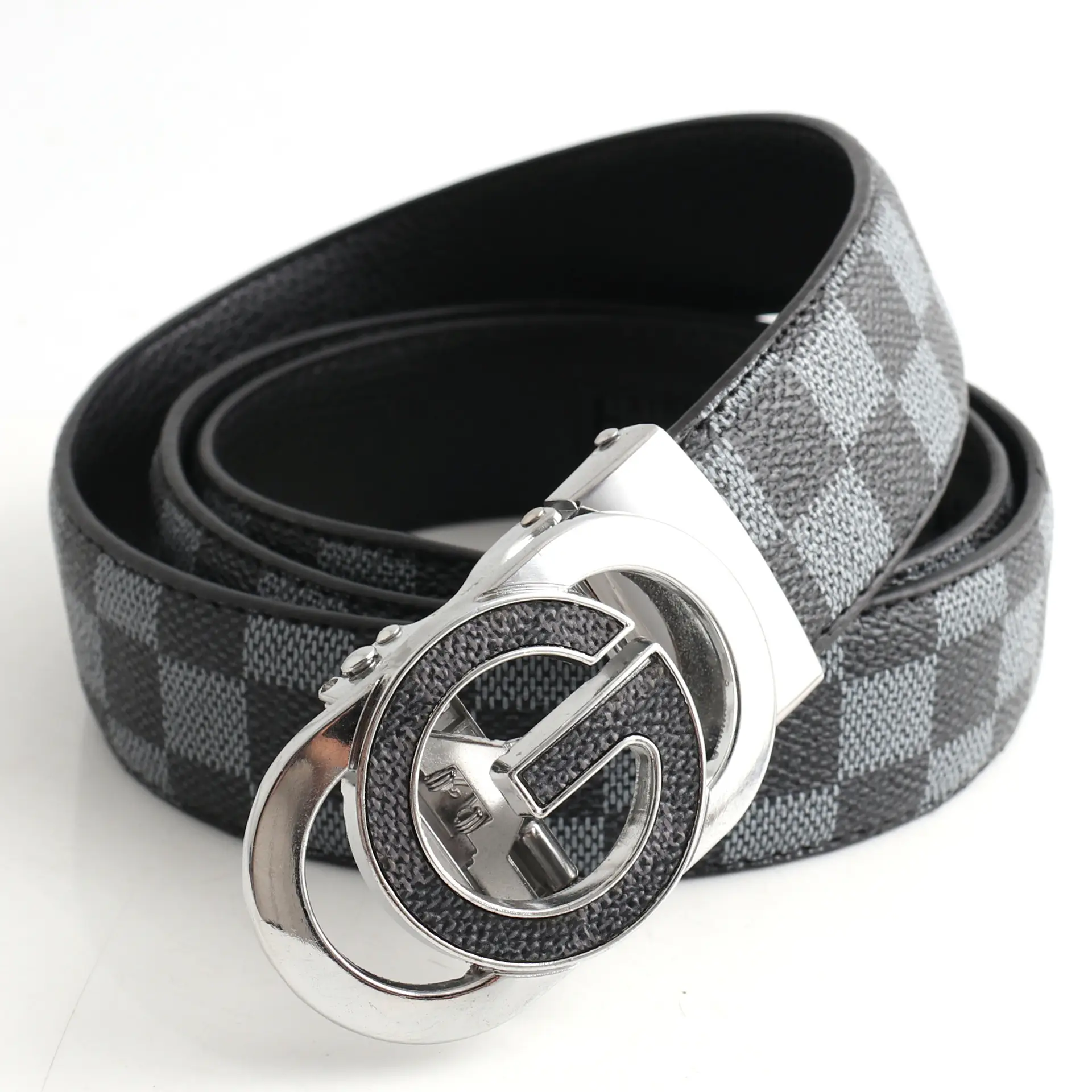 Hongsheng Men's Checkered Leather Belt with Gold Buckle - Image 3