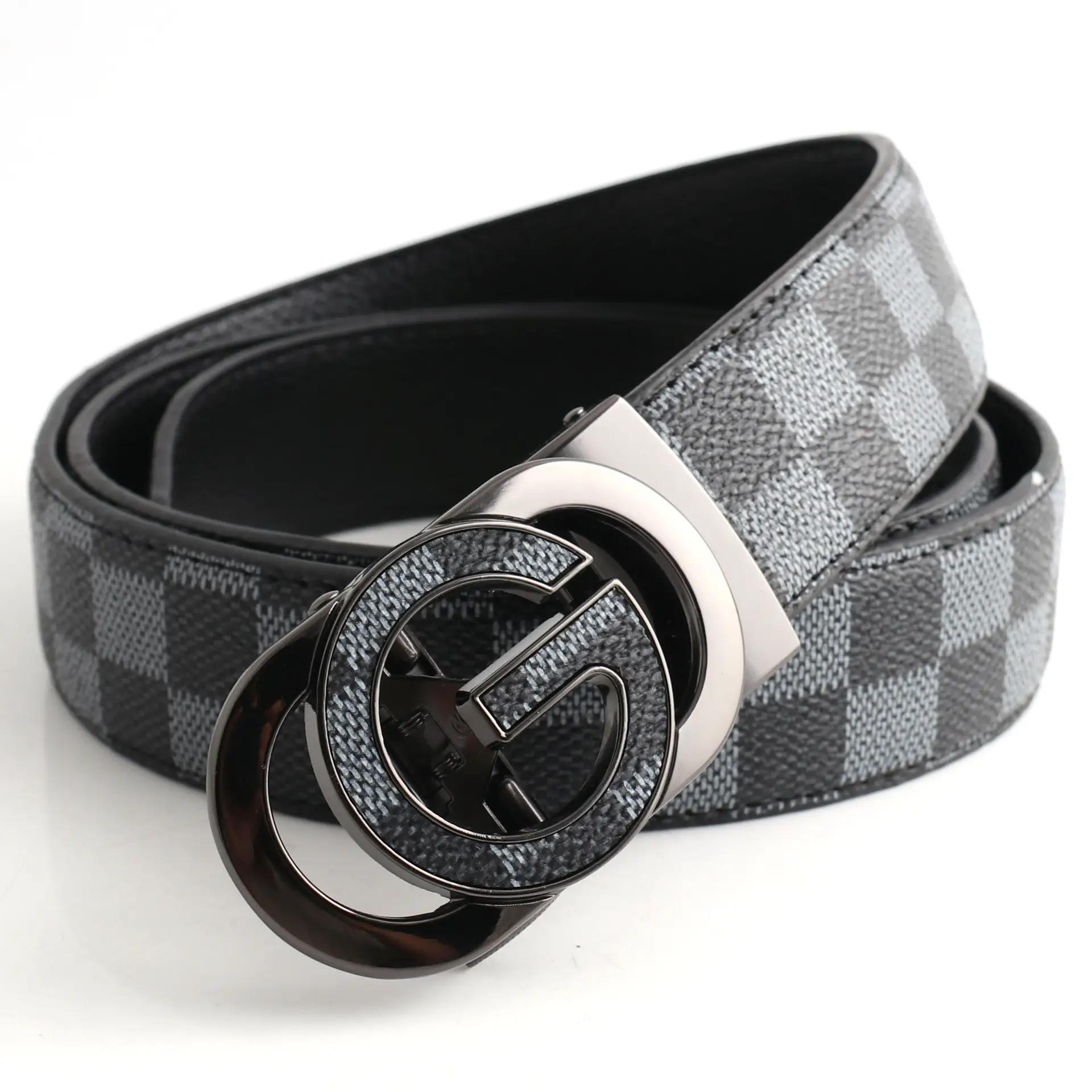 Hongsheng Men's Checkered Leather Belt with Gold Buckle - Image 4
