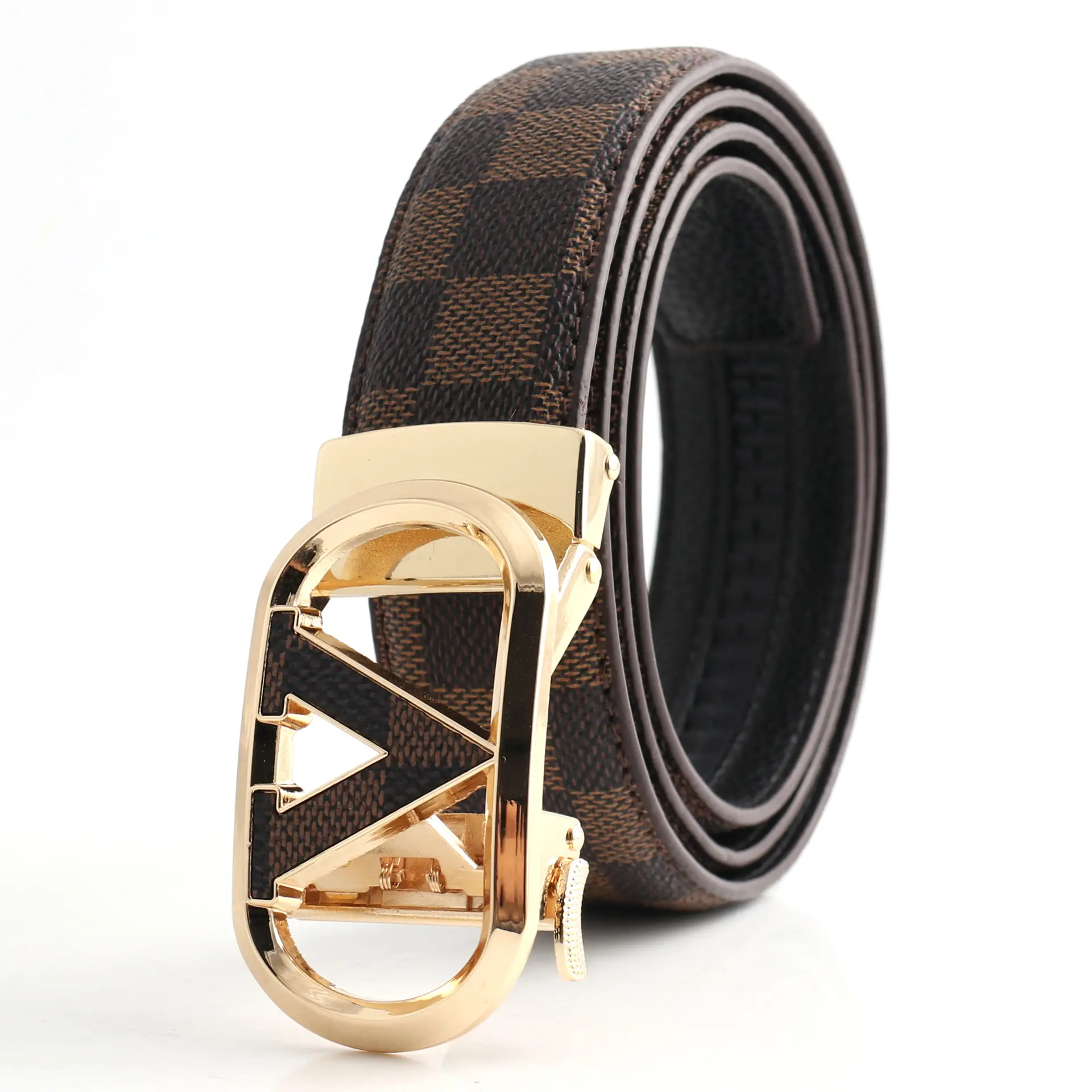 Hongsheng Men's Checkered Leather Belt with Gold Buckle - Image 5