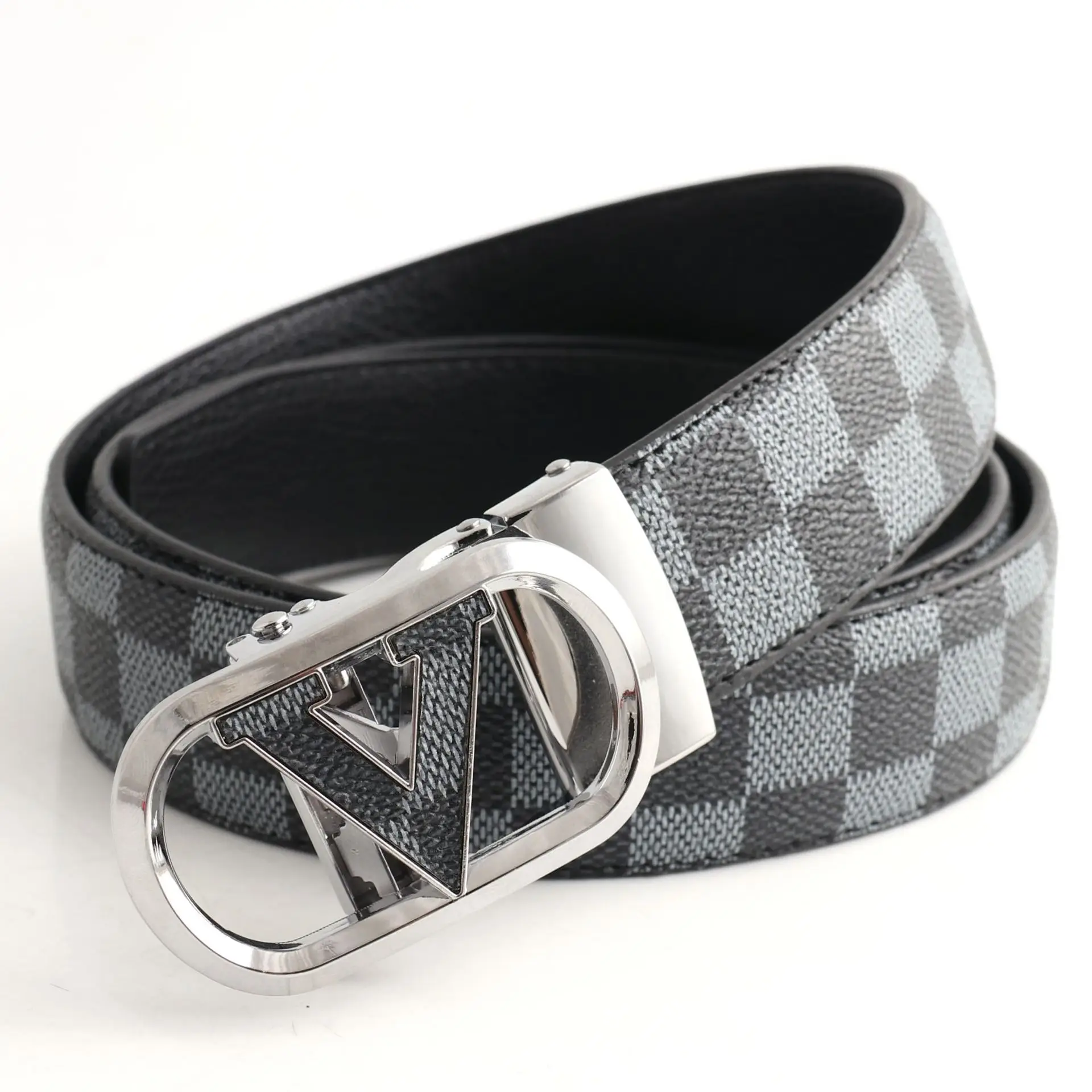 Hongsheng Men's Checkered Leather Belt with Gold Buckle - Image 6