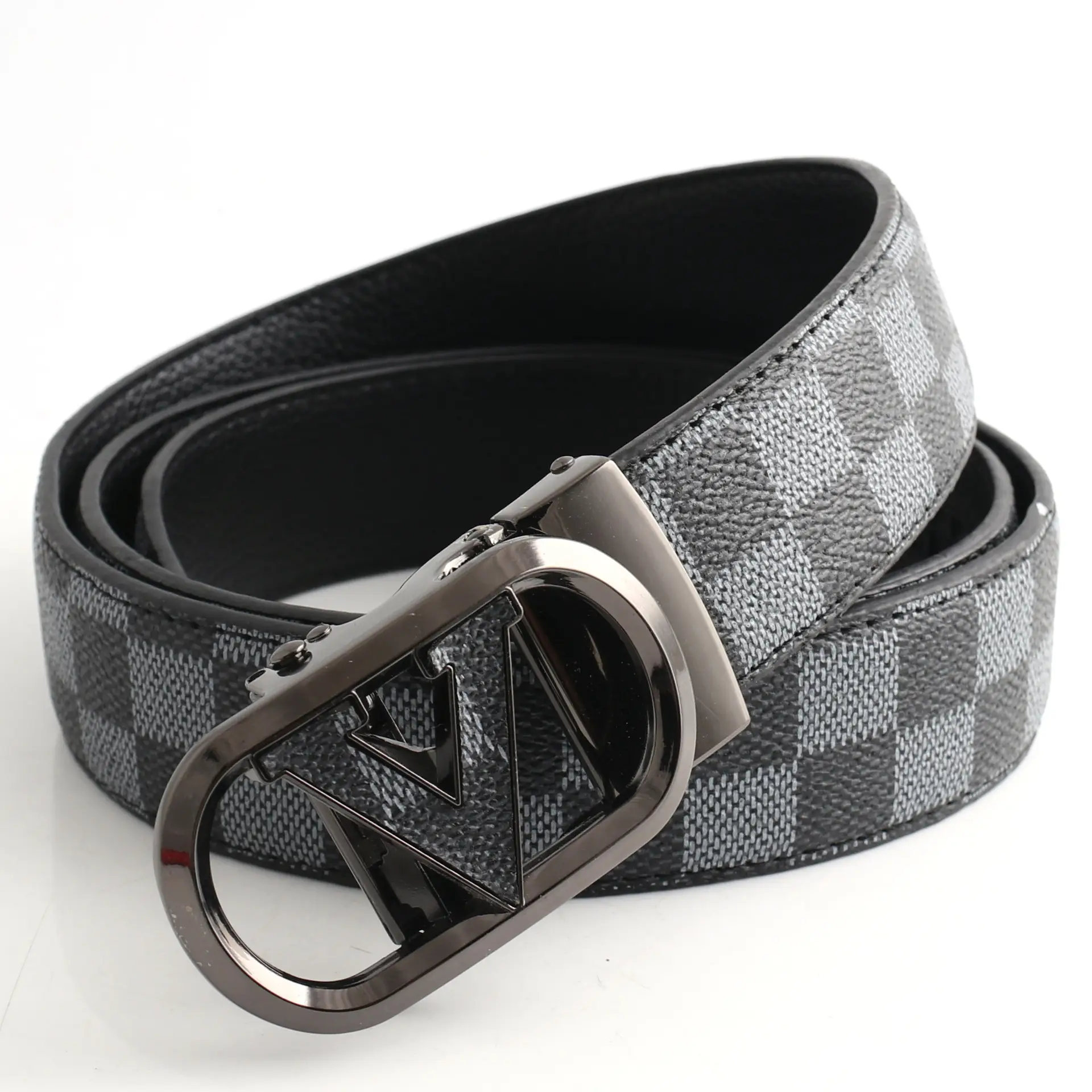 Hongsheng Men's Checkered Leather Belt with Gold Buckle - Image 7