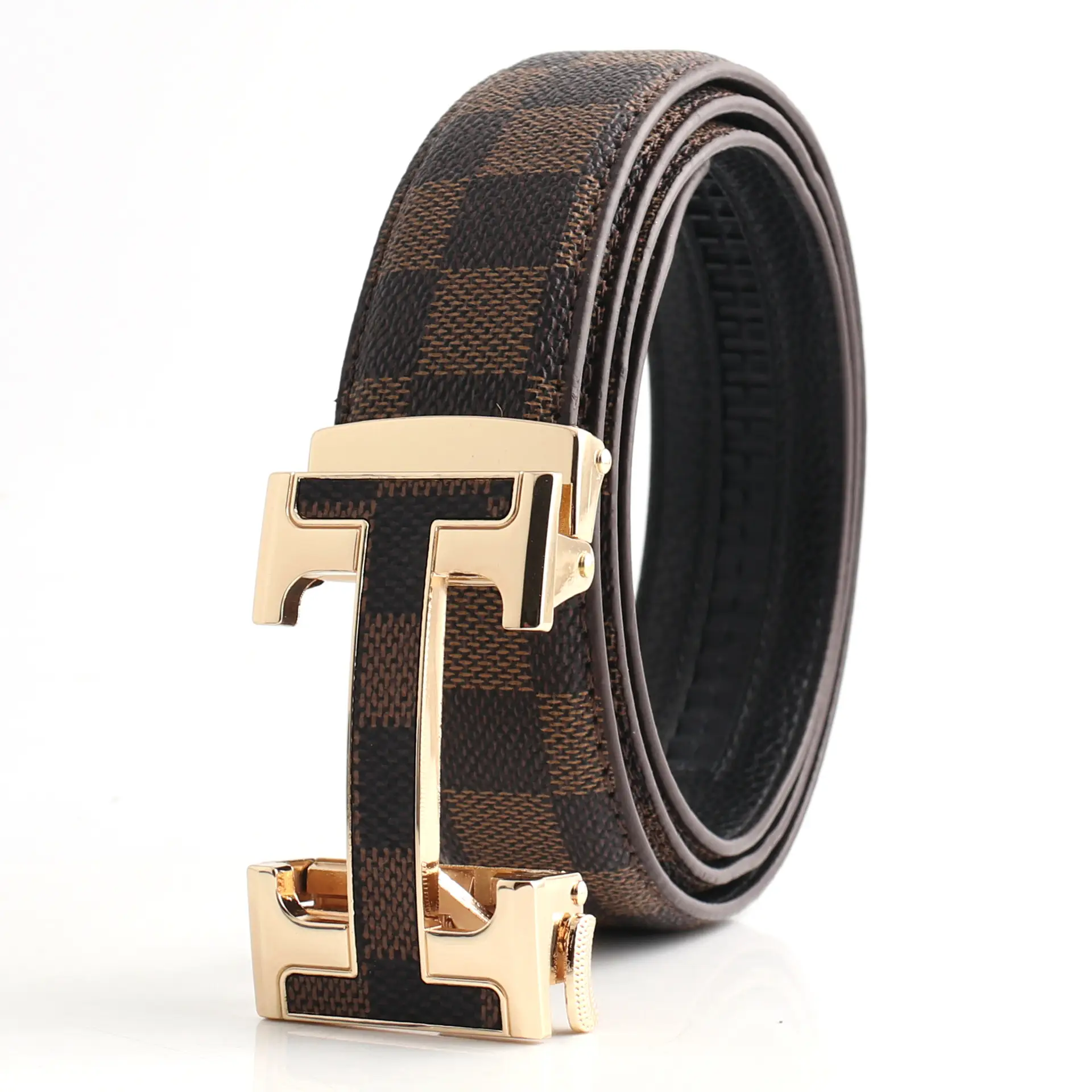Hongsheng Men's Checkered Leather Belt with Gold Buckle - Image 8