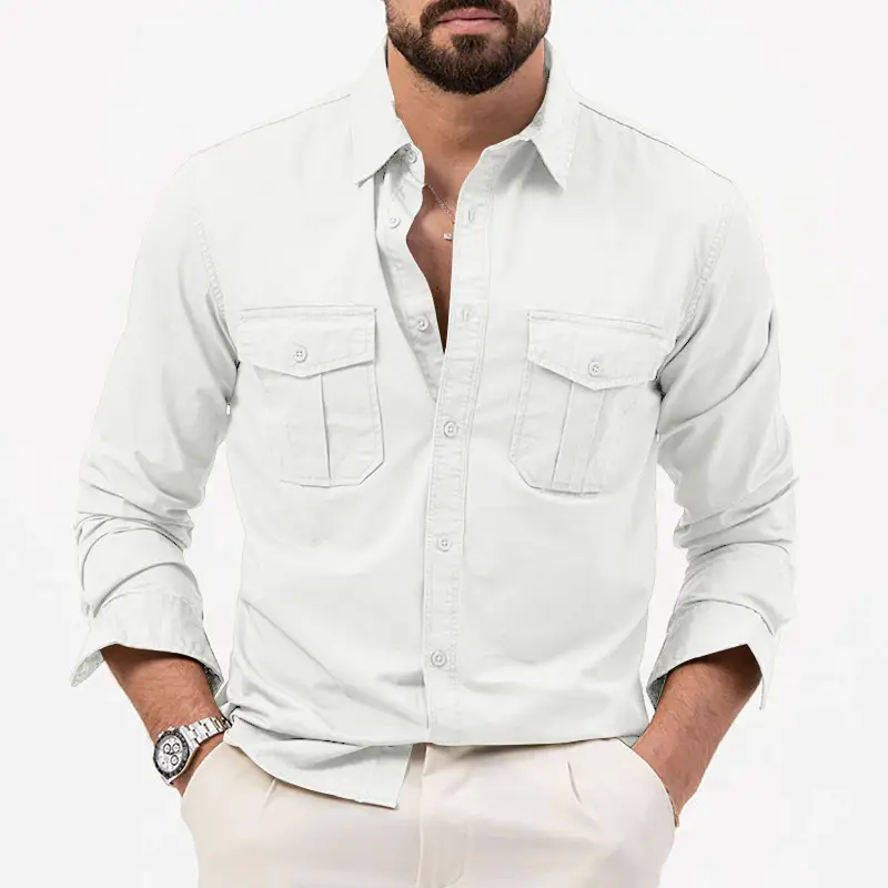 Men's Green Button-Down Shirt with Multi-Flap Pockets - Image 4