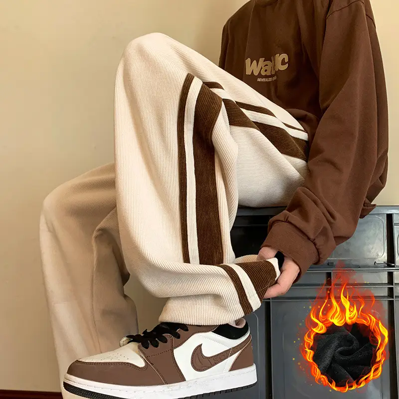 Men Fleece Straight Pants Brown Beige Wide Leg Casual - Image 8