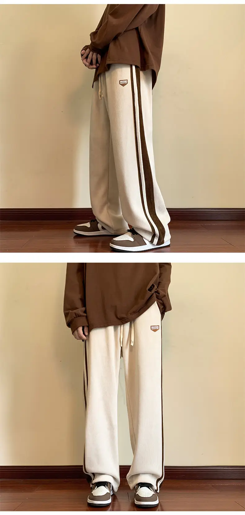 Men Fleece Straight Pants Brown Beige Wide Leg Casual — feature 11