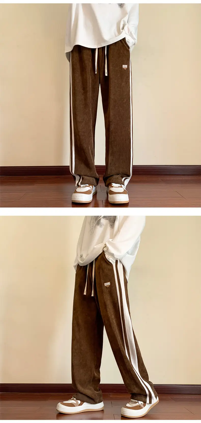 Men Fleece Straight Pants Brown Beige Wide Leg Casual — feature 5