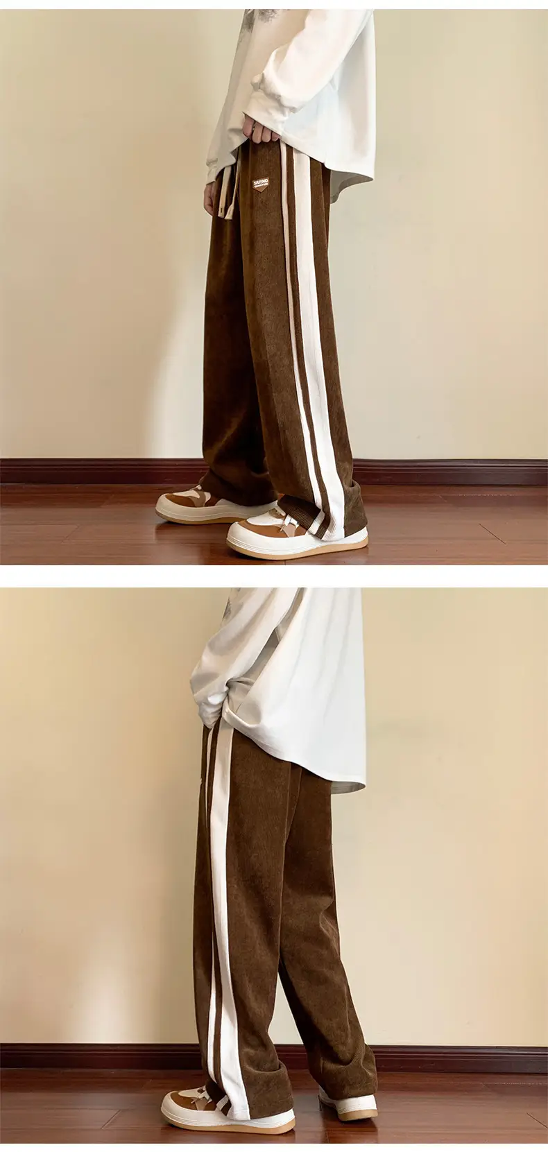 Men Fleece Straight Pants Brown Beige Wide Leg Casual — feature 6
