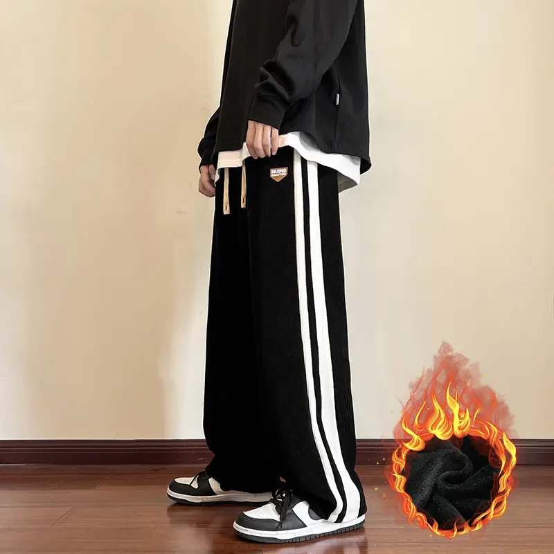 Men Fleece Straight Pants Brown Beige Wide Leg Casual - Image 2