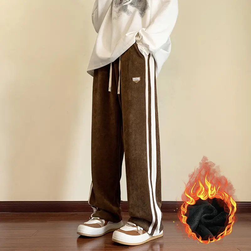 Men Fleece Straight Pants Brown Beige Wide Leg Casual - Image 3