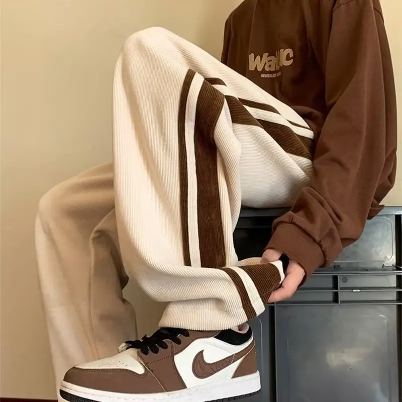 Men Fleece Straight Pants Brown Beige Wide Leg Casual - Image 5