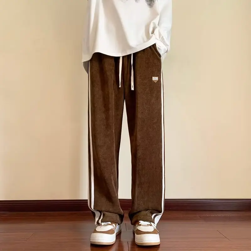 Men Fleece Straight Pants Brown Beige Wide Leg Casual - Image 6