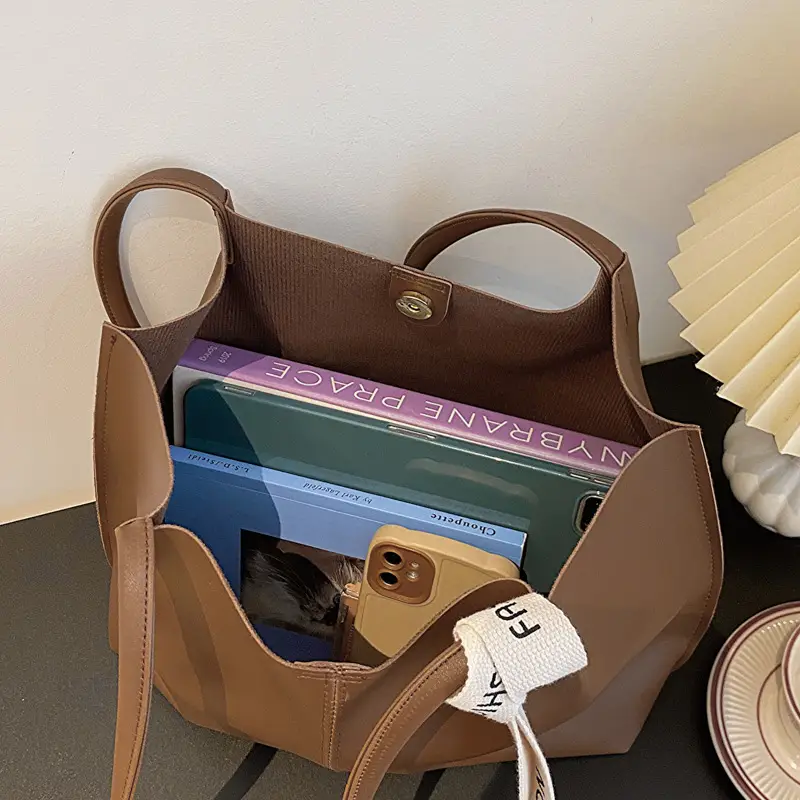 Retro Brown Ribbon Shoulder Tote Bag for Women