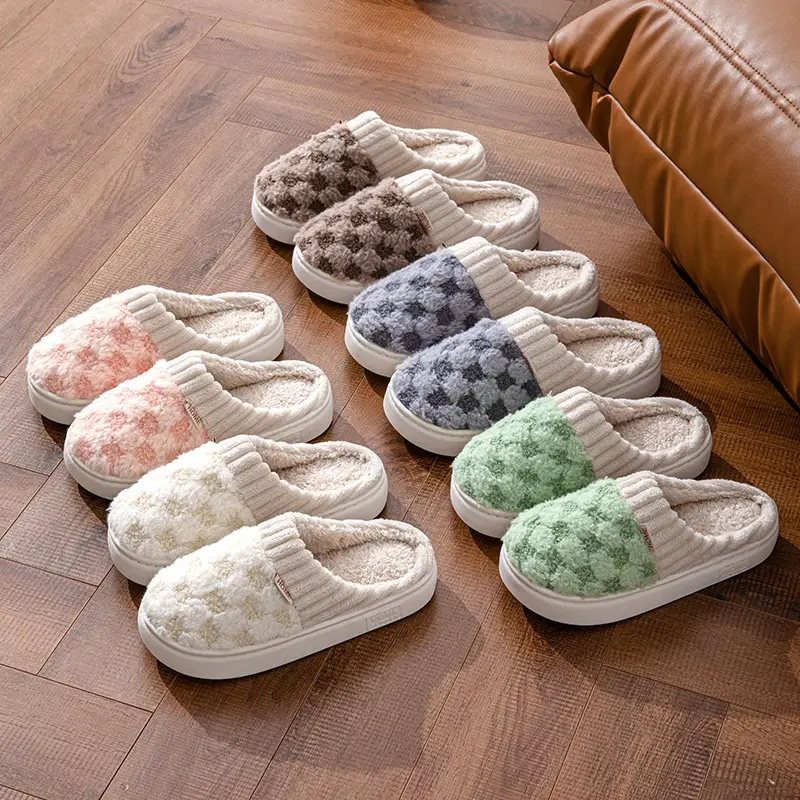 Men and women couple indoor and outdoor home wooden floor autumn and winter corduroy wool warm cotton slippers bag heel Plaid stitching