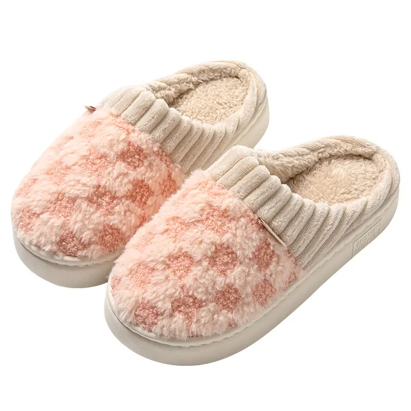 Men and women couple indoor and outdoor home wooden floor autumn and winter corduroy wool warm cotton slippers bag heel Plaid stitching