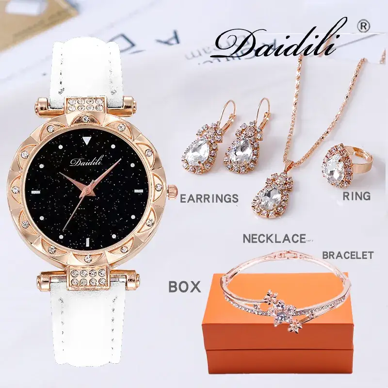 Women's Diamond Watch & Earrings Set Blue Leather Strap - Image 4