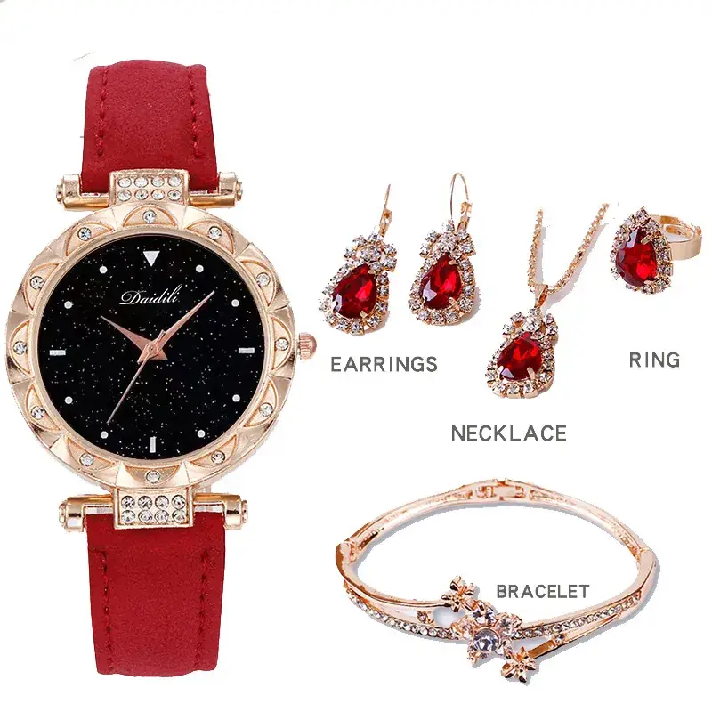 Women's Diamond Watch & Earrings Set Blue Leather Strap - Image 21