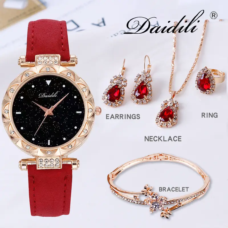 Women's Diamond Watch & Earrings Set Blue Leather Strap — feature 12