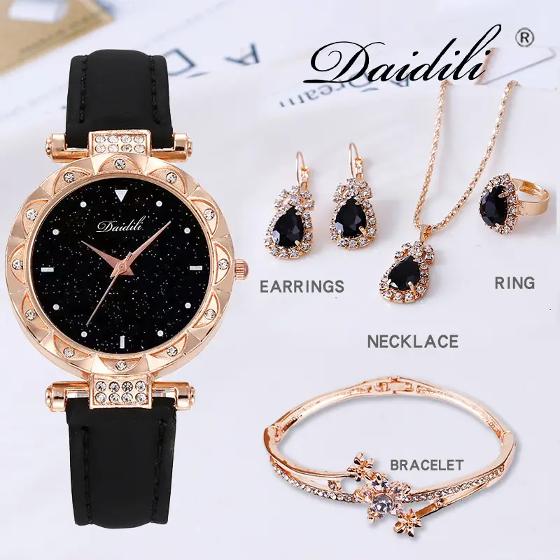 Women's Diamond Watch & Earrings Set Blue Leather Strap — feature 13