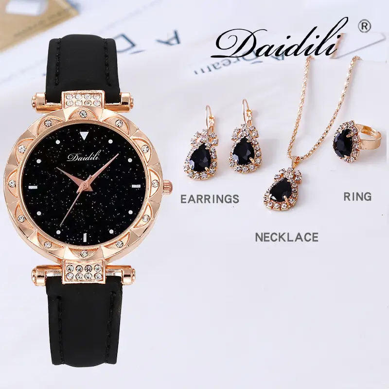 Women's Diamond Watch & Earrings Set Blue Leather Strap — feature 20