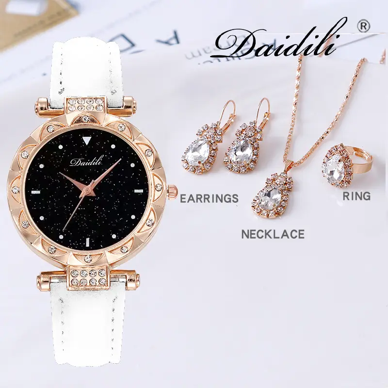 Women's Diamond Watch & Earrings Set Blue Leather Strap — feature 21