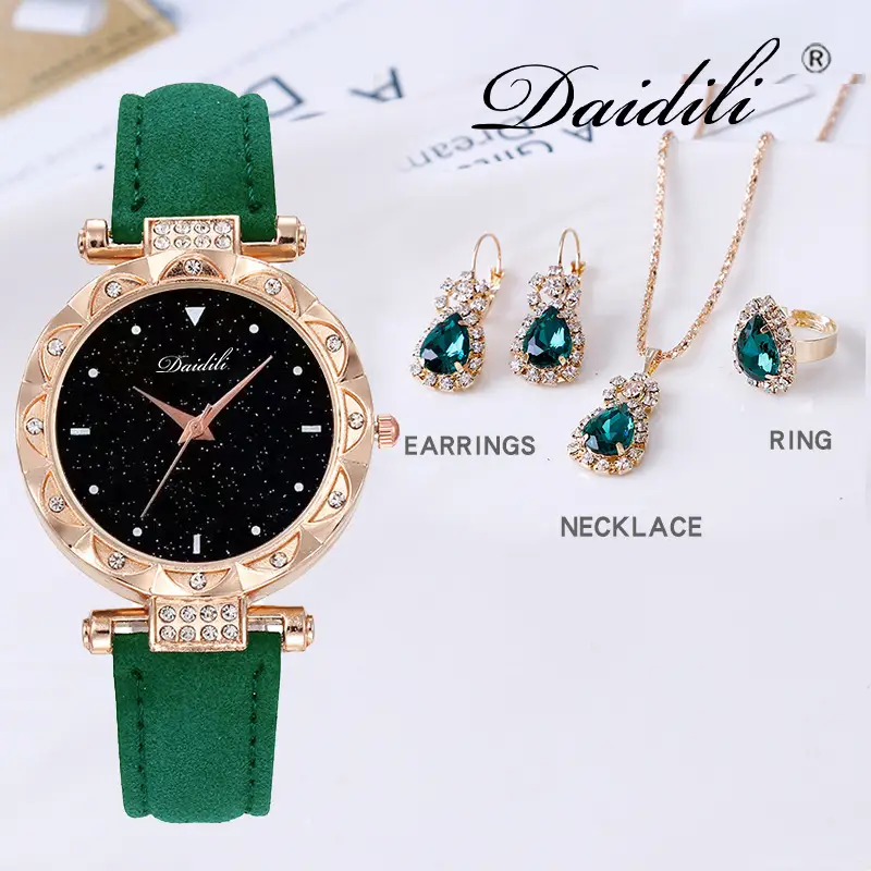 Women's Diamond Watch & Earrings Set Blue Leather Strap — feature 22