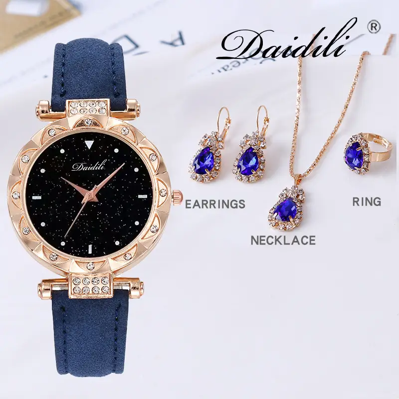 Women's Diamond Watch & Earrings Set Blue Leather Strap — feature 23