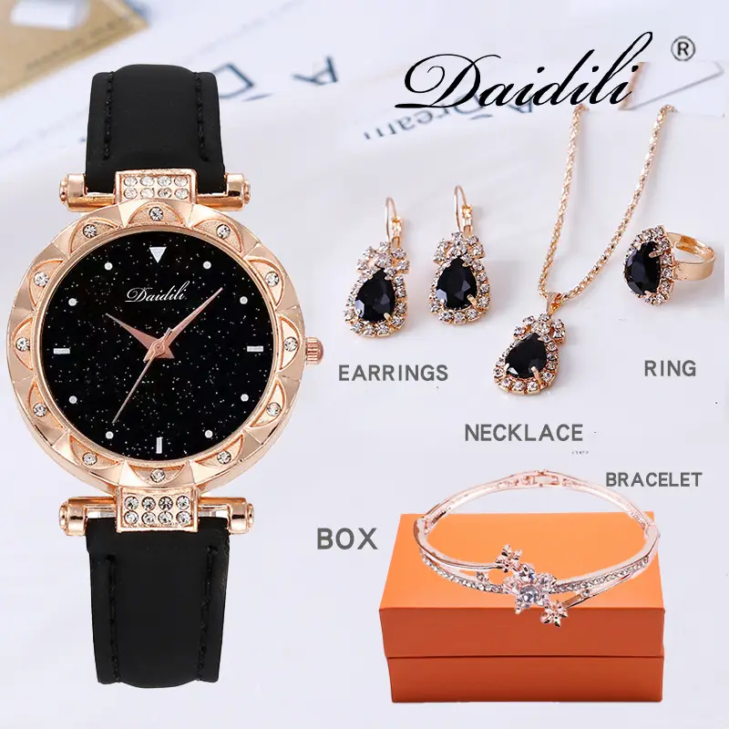 Women's Diamond Watch & Earrings Set Blue Leather Strap — feature 5