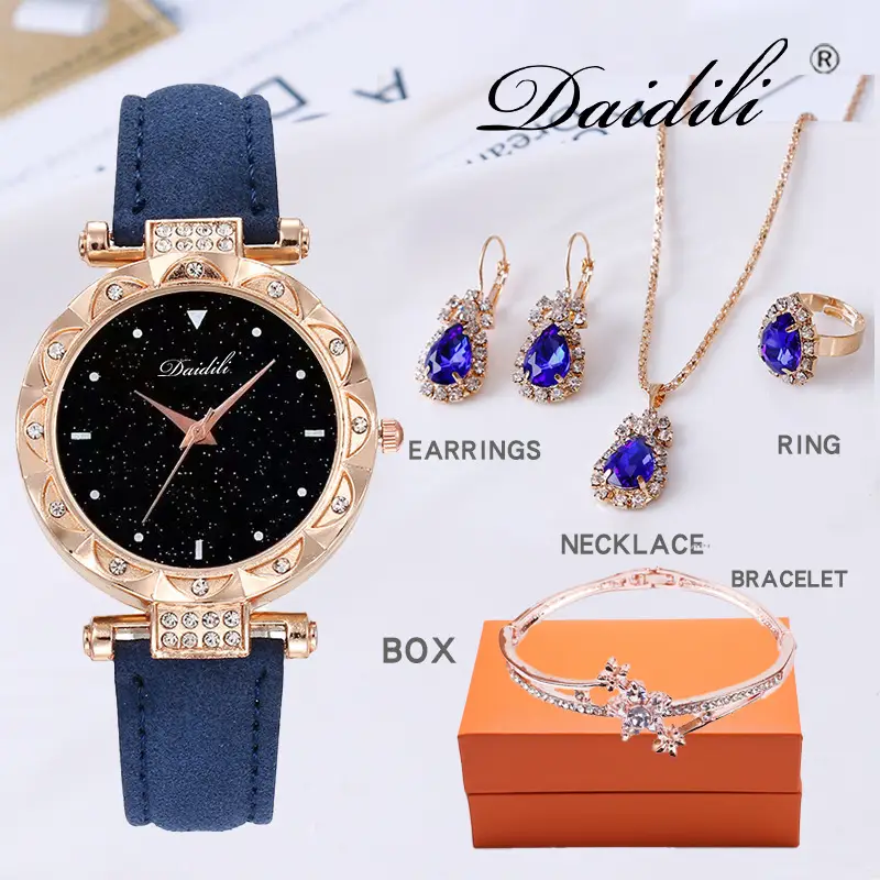 Women's Diamond Watch & Earrings Set Blue Leather Strap — feature 8