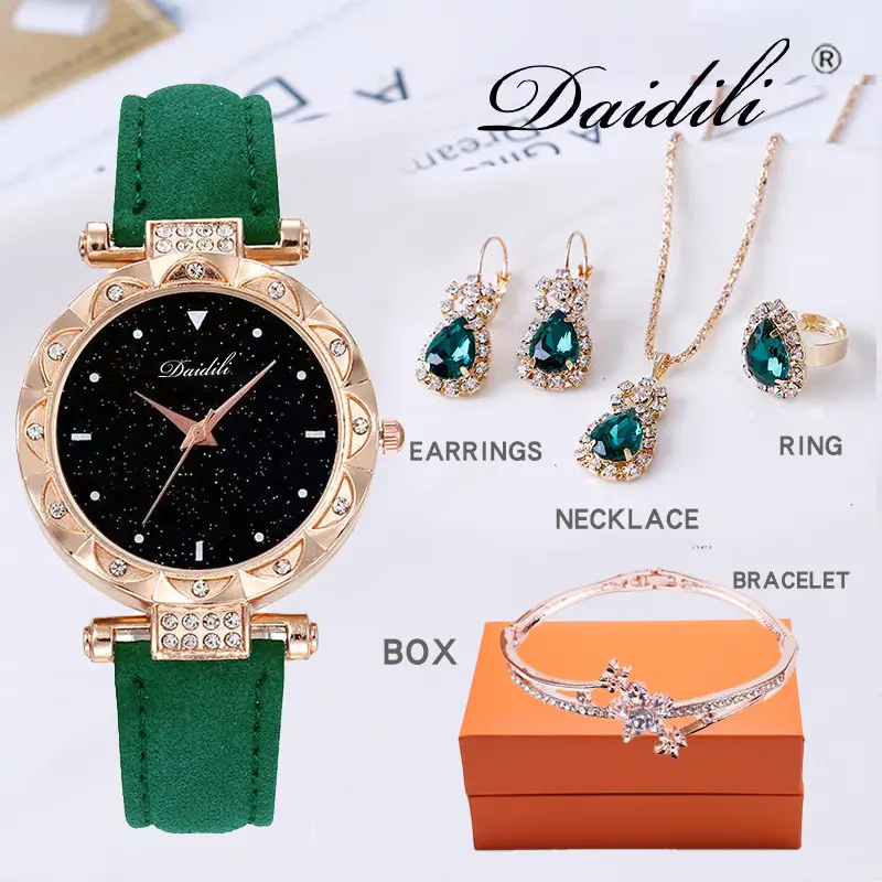 Women's Diamond Watch & Earrings Set Blue Leather Strap — feature 9
