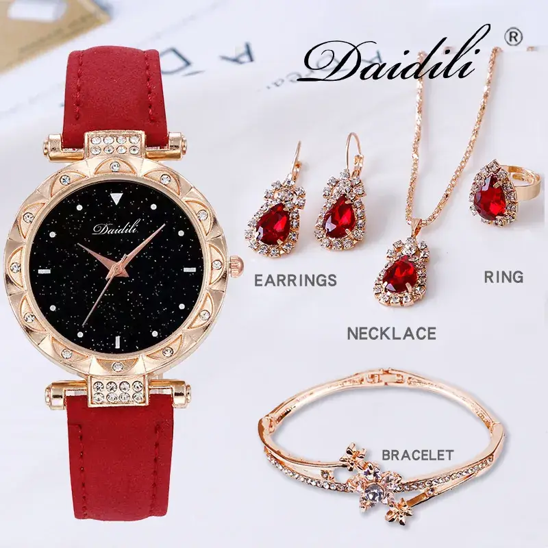 Women's Diamond Watch & Earrings Set Blue Leather Strap - Image 11