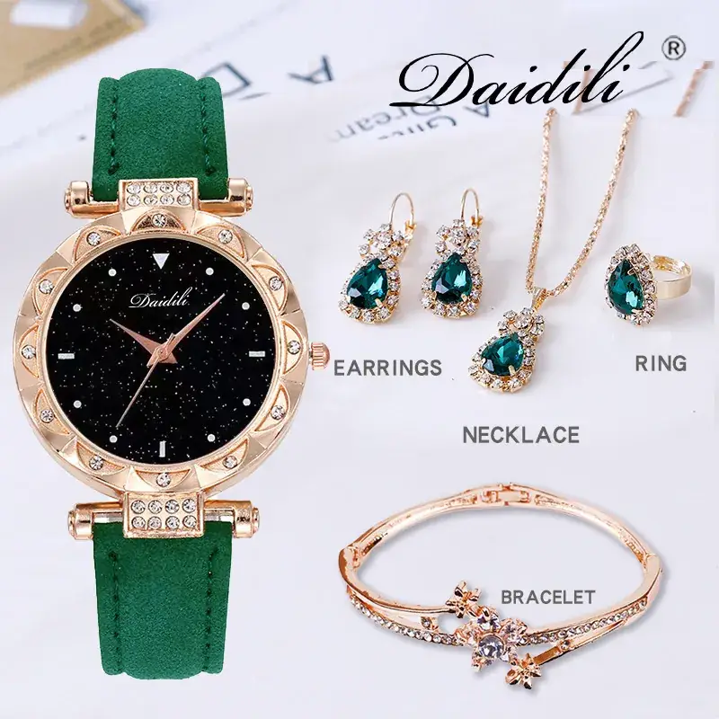 Women's Diamond Watch & Earrings Set Blue Leather Strap - Image 13