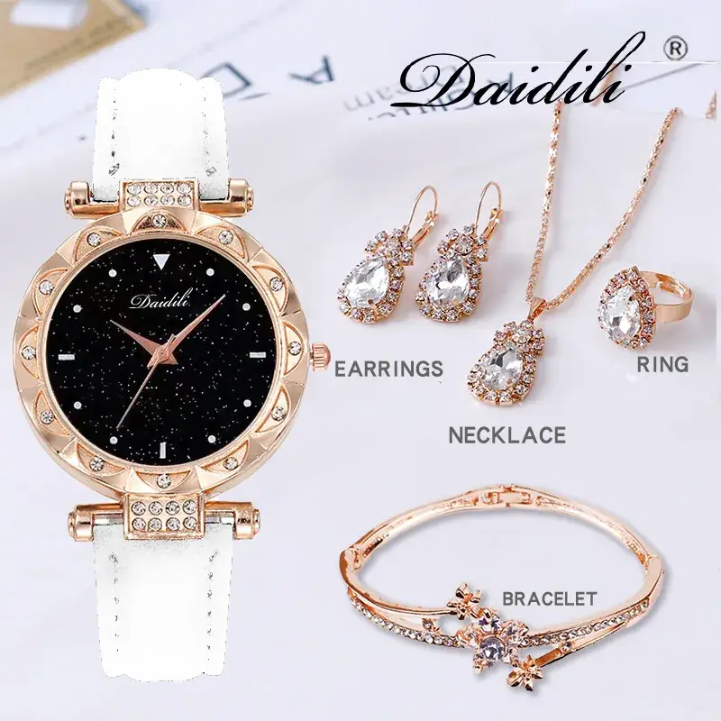 Women's Diamond Watch & Earrings Set Blue Leather Strap - Image 14