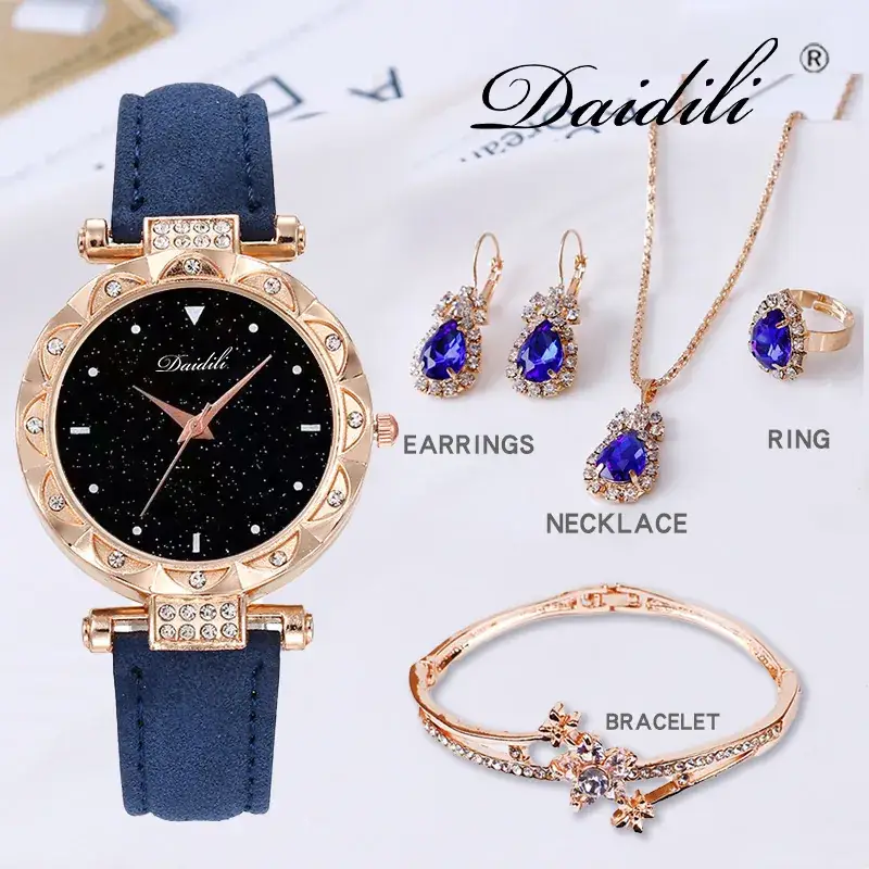Women's Diamond Watch & Earrings Set Blue Leather Strap - Image 15