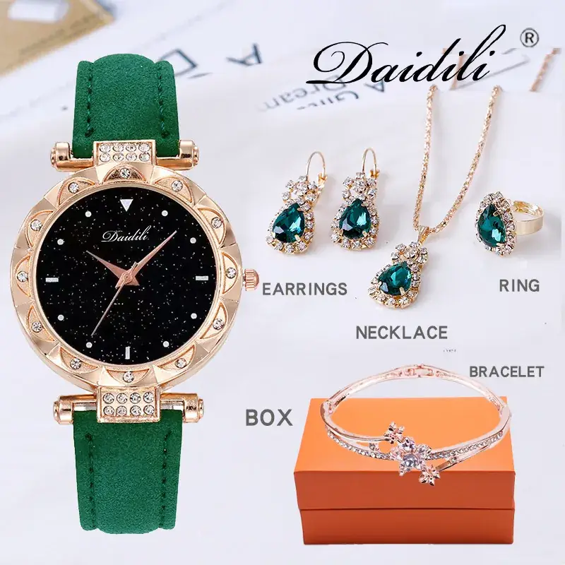 Women's Diamond Watch & Earrings Set Blue Leather Strap - Image 3