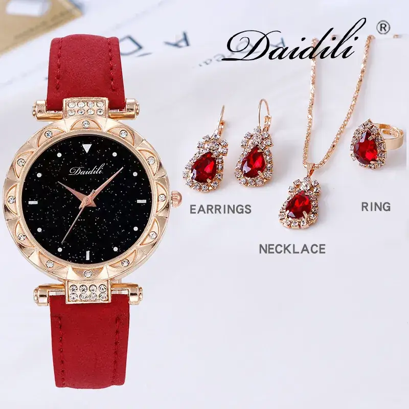 Women's Diamond Watch & Earrings Set Blue Leather Strap - Image 6