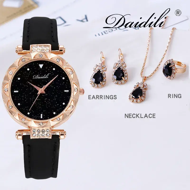 Women's Diamond Watch & Earrings Set Blue Leather Strap - Image 7