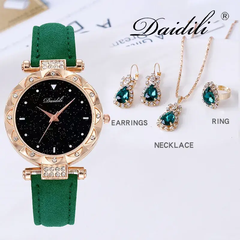 Women's Diamond Watch & Earrings Set Blue Leather Strap - Image 8
