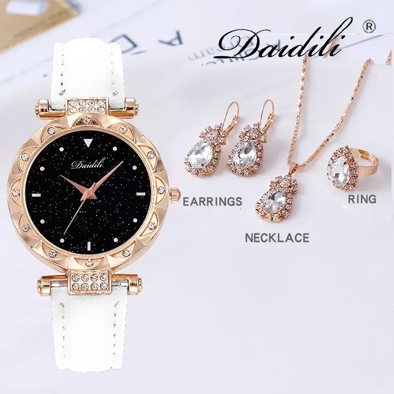 Women's Diamond Watch & Earrings Set Blue Leather Strap - Image 9