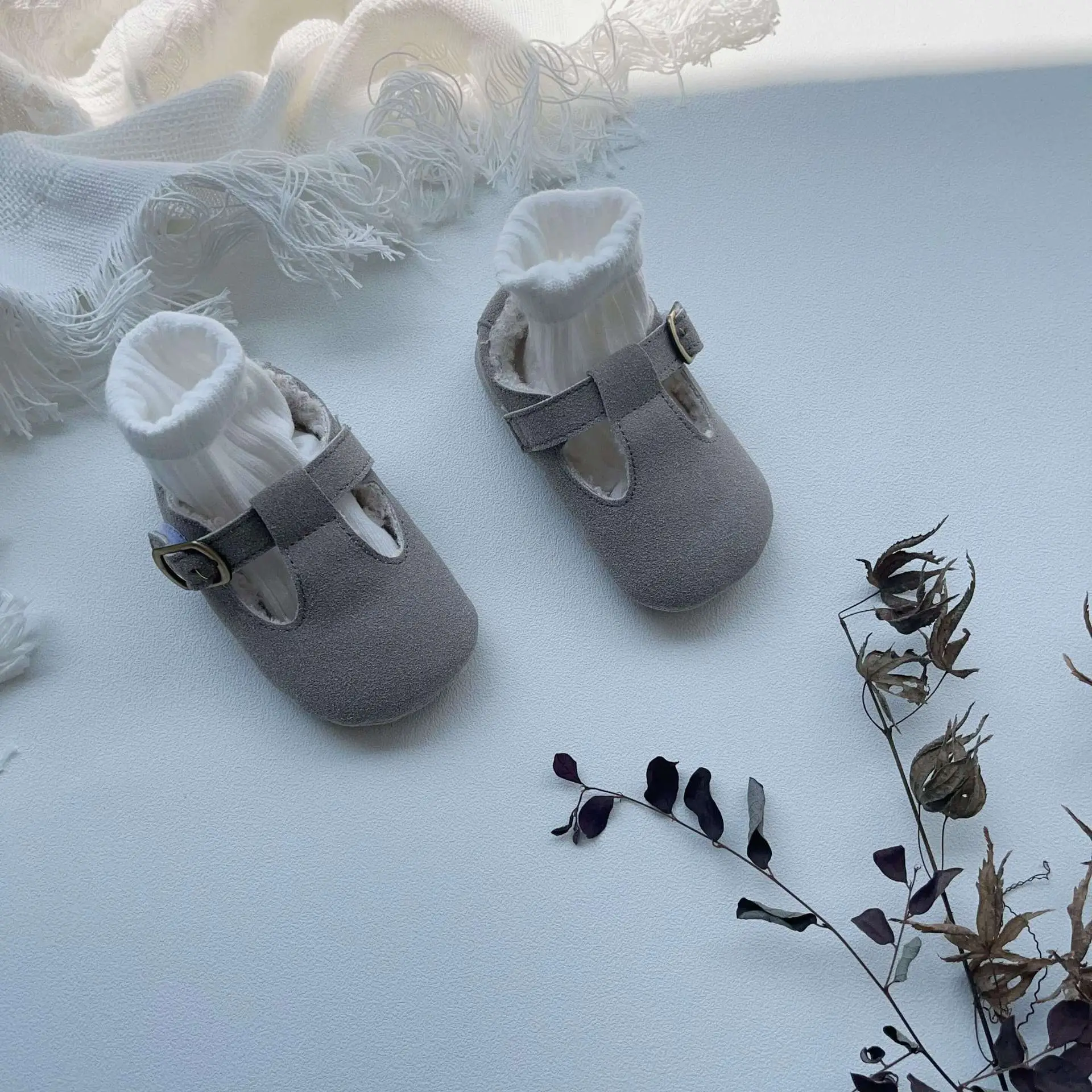 Winter Fleece Lined Baby Walking Shoes Grey Non-Slip