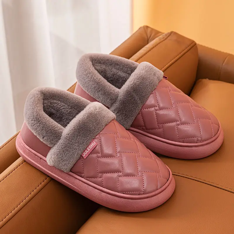 Pu Waterproof Cotton Shoes for Women, Winter 2026 New Model, Warm and Non-Slip Cotton Slip-On Shoes for Elderly Women, Winter Fleece-Lined Women's Shoes