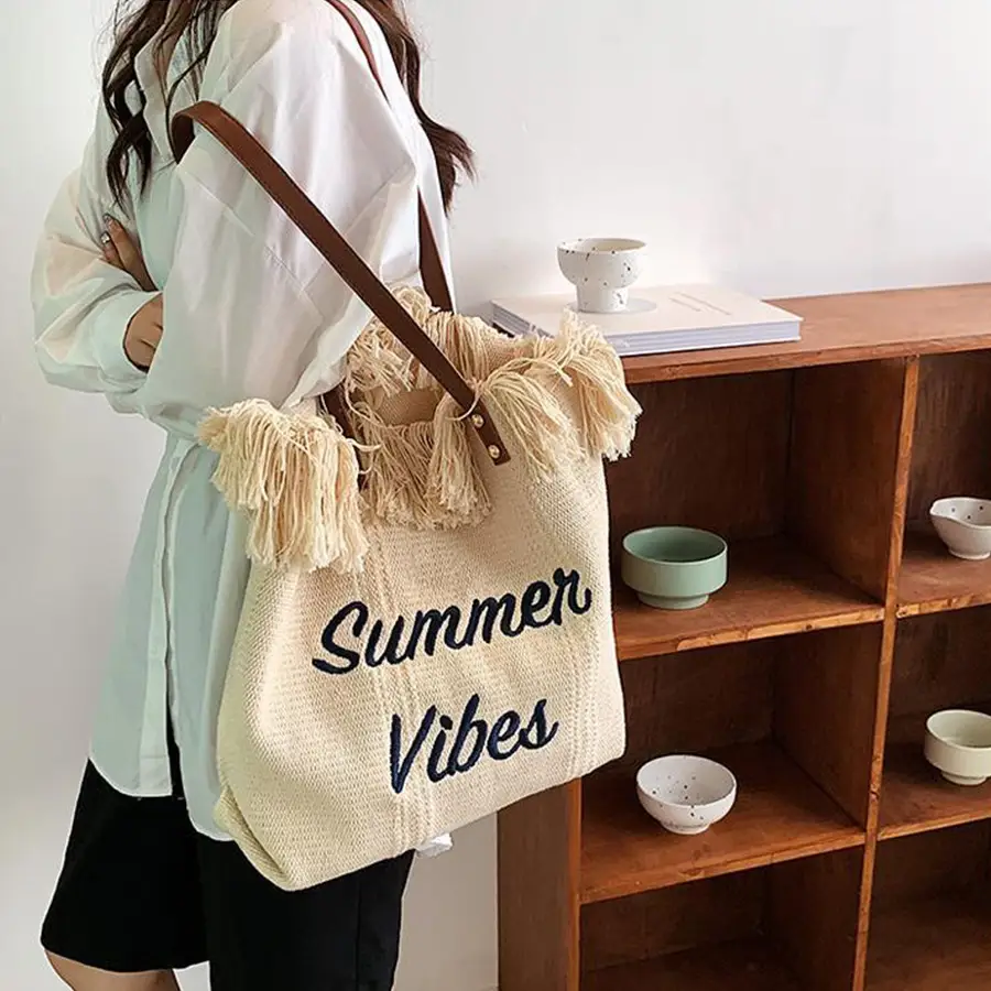 Pink Letter Tassel Canvas Shoulder Bag for Women