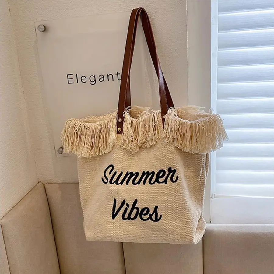 Pink Letter Tassel Canvas Shoulder Bag for Women