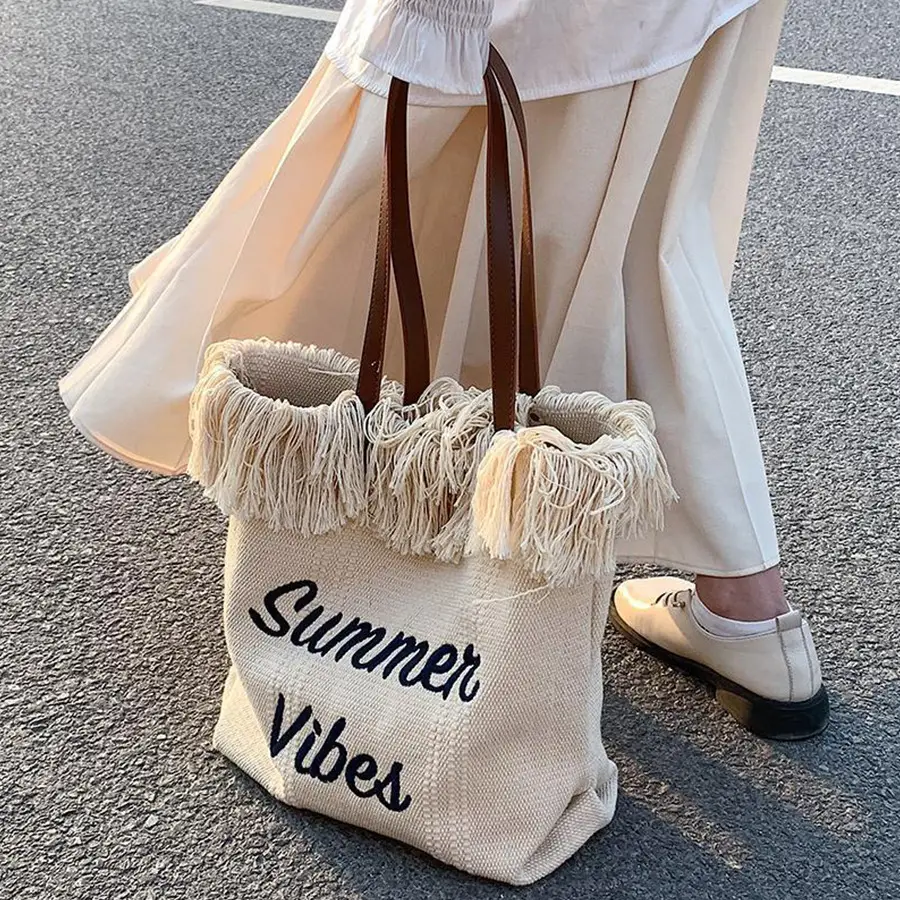Pink Letter Tassel Canvas Shoulder Bag for Women