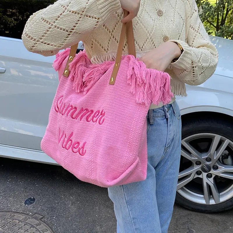 Pink Letter Tassel Canvas Shoulder Bag for Women — feature 11
