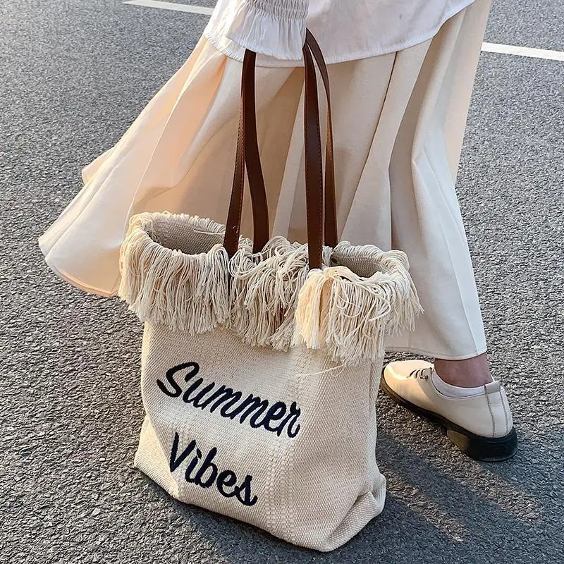 Pink Letter Tassel Canvas Shoulder Bag for Women — feature 2