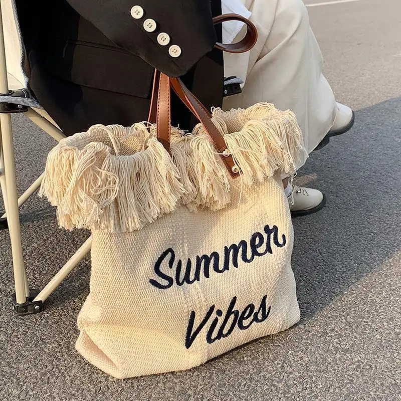 Pink Letter Tassel Canvas Shoulder Bag for Women — feature 3
