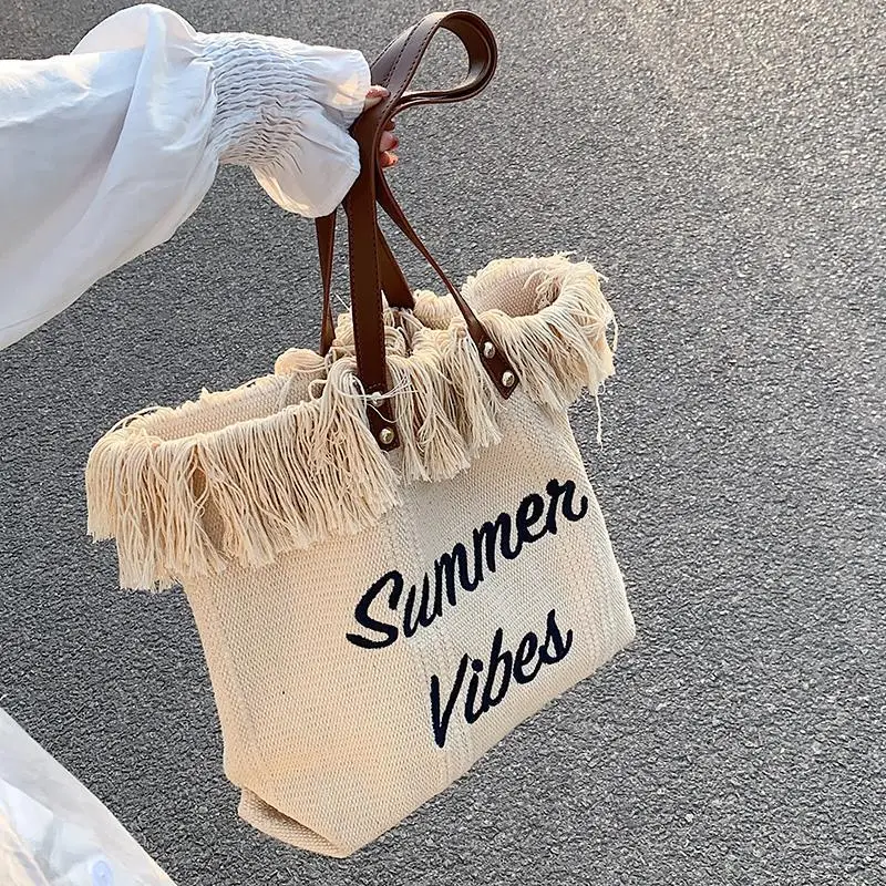 Pink Letter Tassel Canvas Shoulder Bag for Women — feature 4