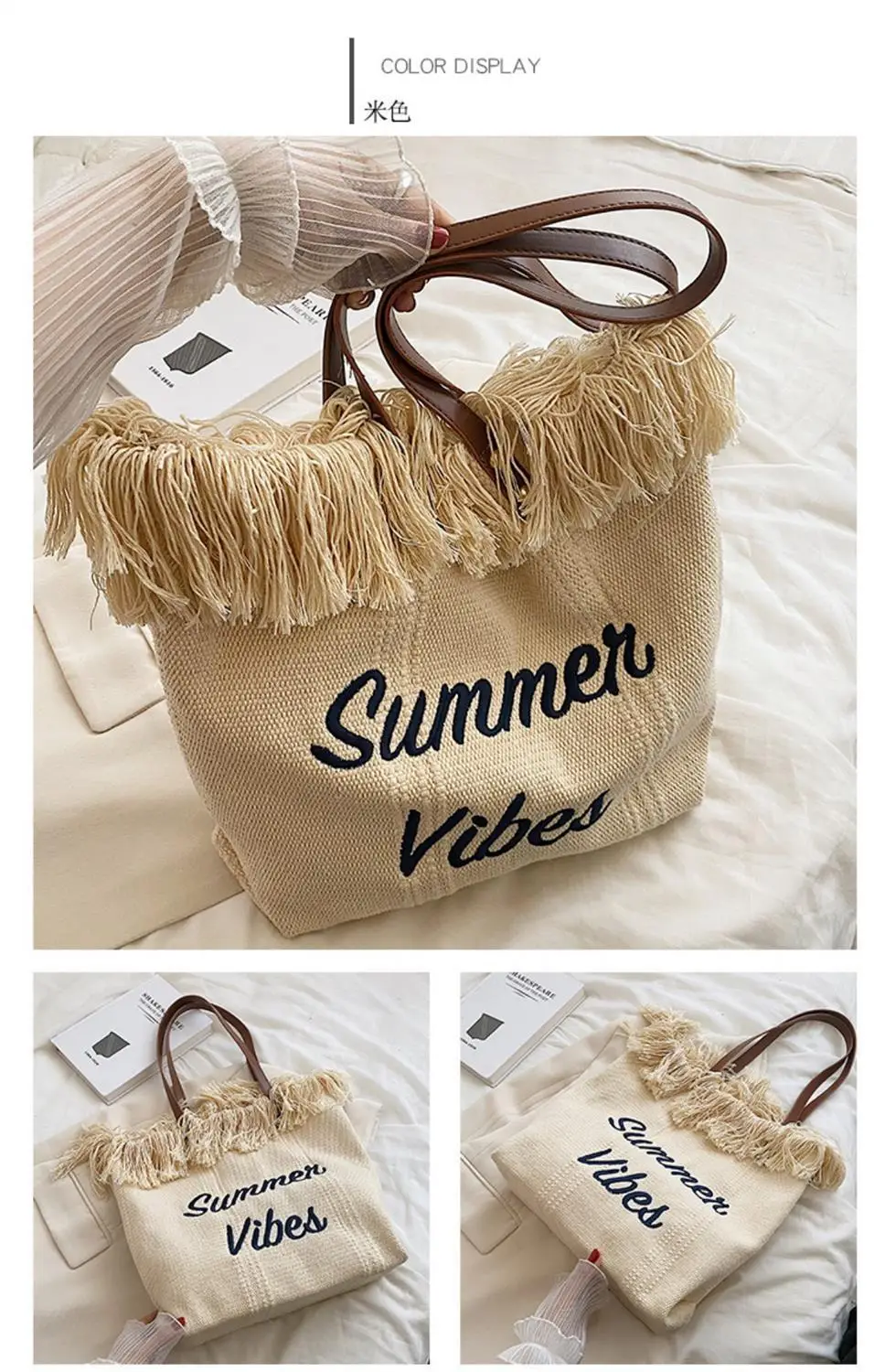 Pink Letter Tassel Canvas Shoulder Bag for Women — feature 5