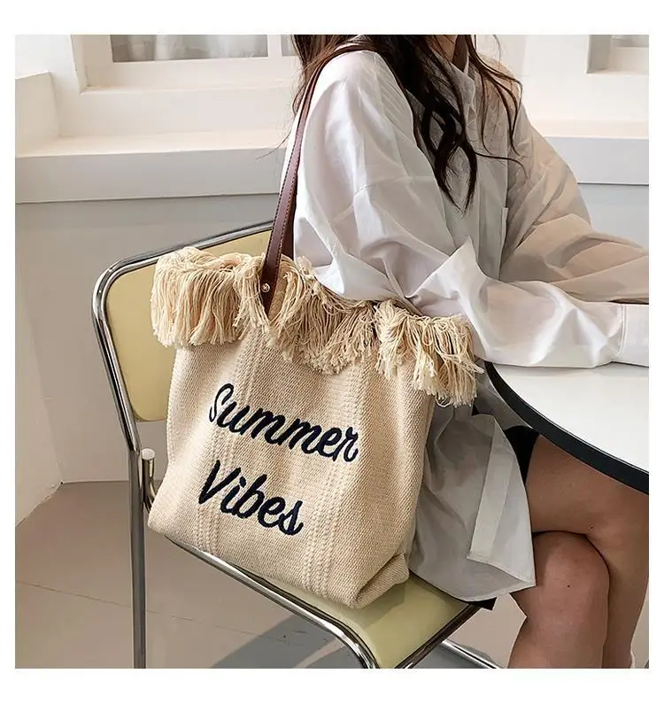 Pink Letter Tassel Canvas Shoulder Bag for Women — feature 6